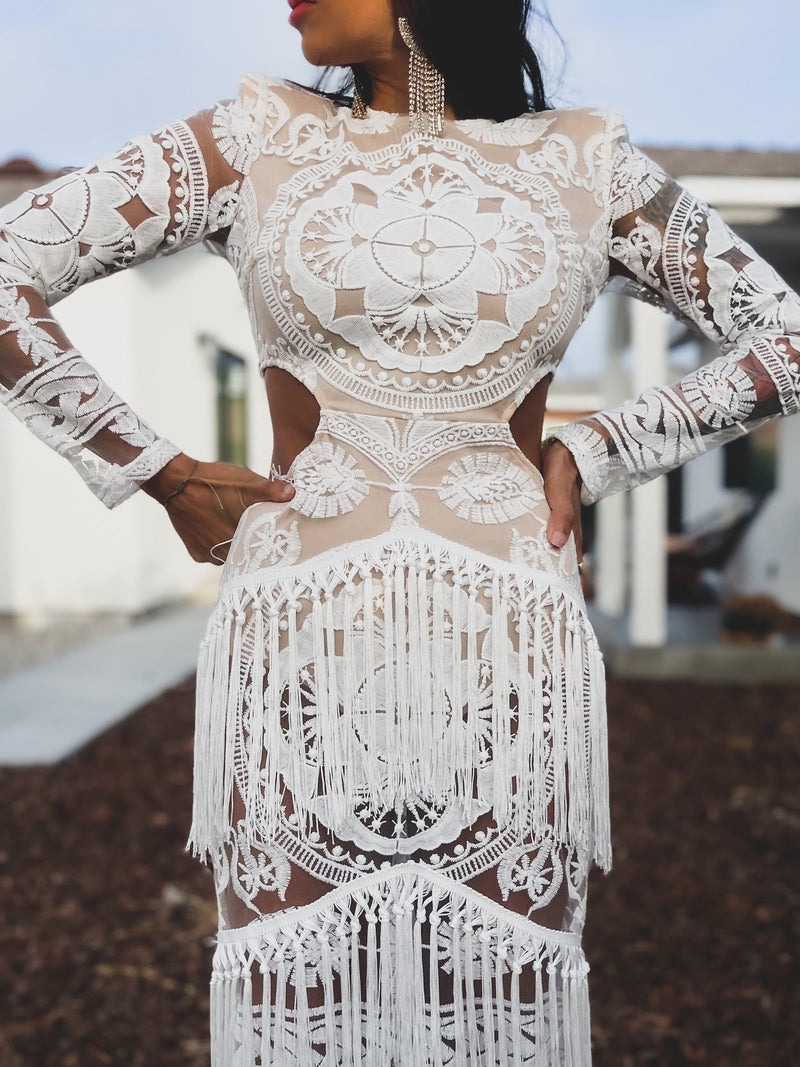 Boho Bridal Fringe Wedding Gown Bachelorette Party Dress Western Bride Gypsy Bohemian Festival Outfit