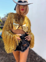 Gold Fringe Festival Jacket, Tinsel Festival Jacket, Cowgirl Outfit, Disco Gold Jacket, Fringe Country Top, Era Inspired Jacket, Western Top