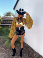 Gold Fringe Festival Jacket, Tinsel Festival Jacket, Cowgirl Outfit, Disco Gold Jacket, Fringe Country Top, Era Inspired Jacket, Western Top