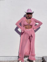 Western Pink Cowgirl Festival Kimono Set Feathered Pink Bell Bottom Pants Space Cowboy Rave Set Country Girl Costume Texas Outfit Set