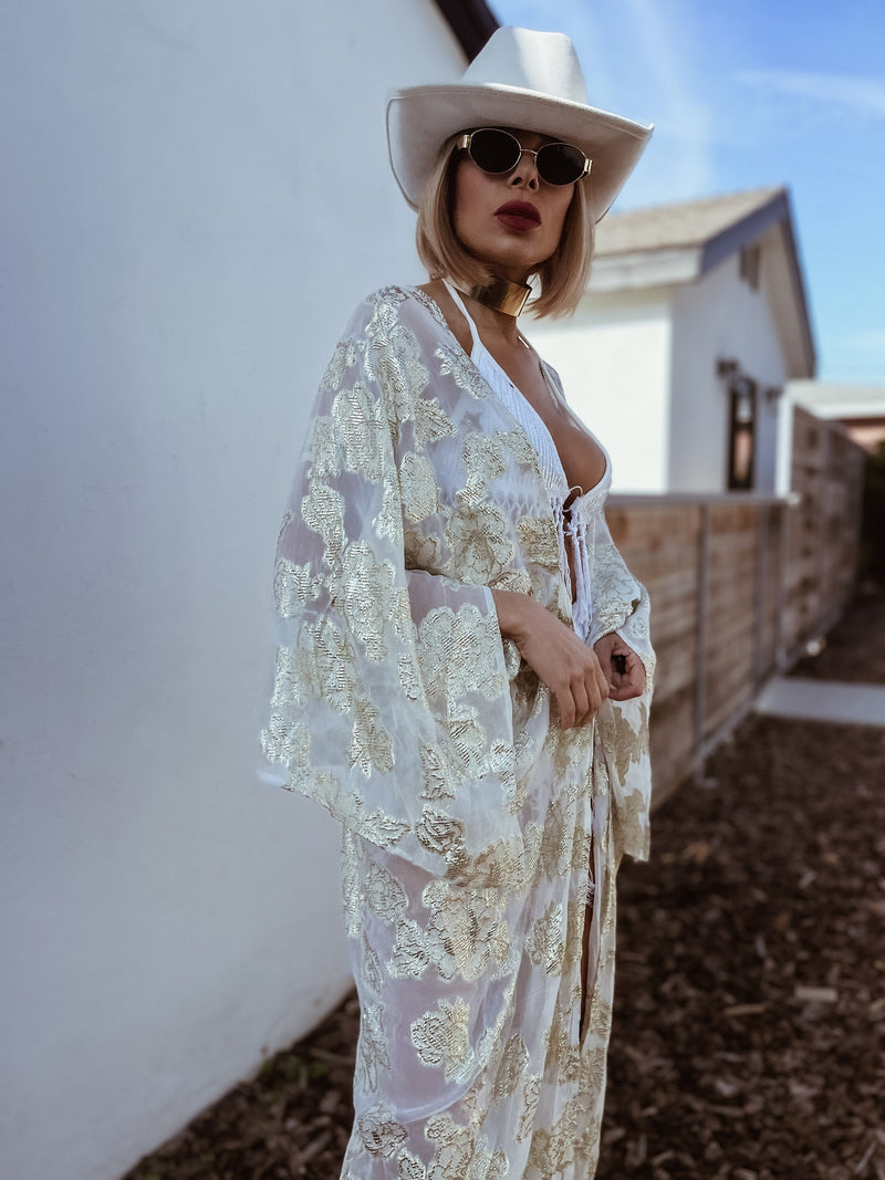 Festival Gold Embroidered Maxi Kimono Bohemian Floral Kimono Gold Jacket Country Fashion Boho Outfit