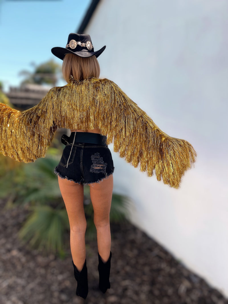 Gold Fringe Festival Jacket, Tinsel Festival Jacket, Cowgirl Outfit, Disco Gold Jacket, Fringe Country Top, Era Inspired Jacket, Western Top