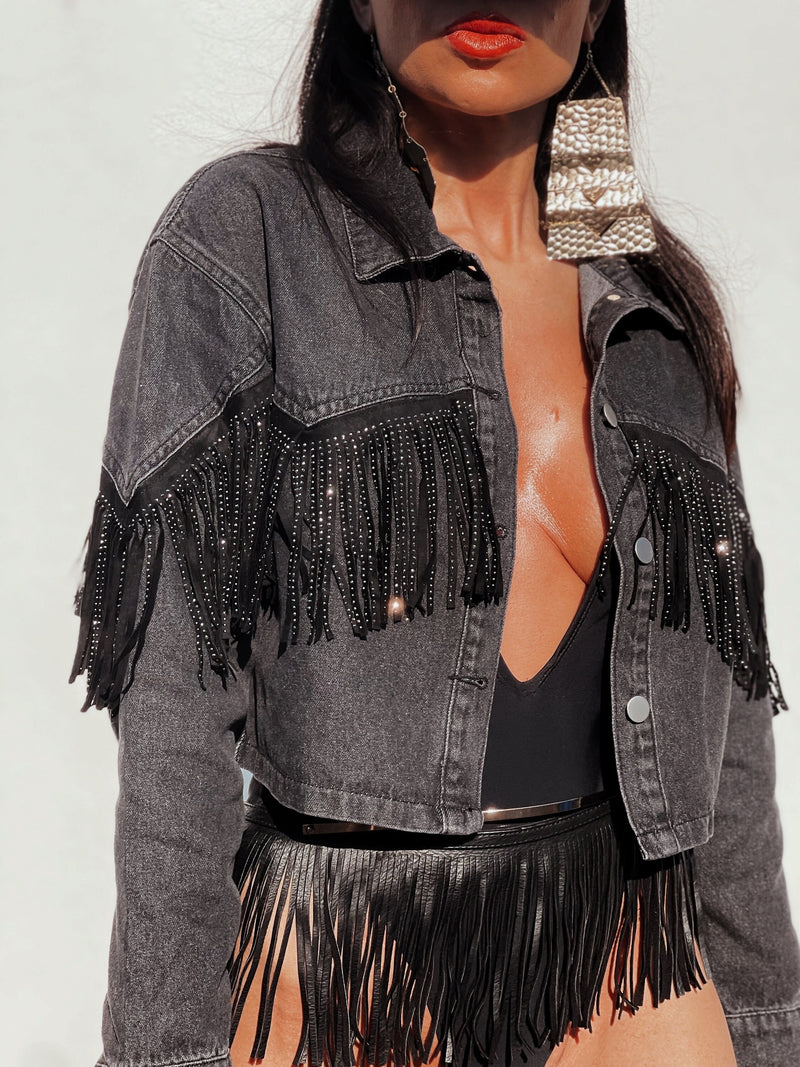 Fringe Denim Jacket, Rhinestone Fringe Jacket, Western Diamond Fringe Jacket, Country Girl Cowgirl Jacket, Barn Wedding Bridal Outfit