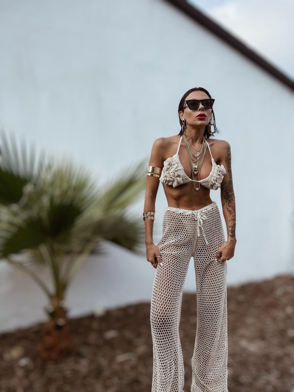 Bohemian Crochet Knit Festival Set Crocheted Pants And Top  Bachelorette Outfit Fringe Cowgirl Flare Pants Goddess Outfit