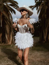 Boho Bridal Mini Wedding Party Gown With Faux Feather Bohemian Reception Dress Bachelorette Party Elopement Dress Fringe Dress Tulle