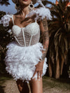 Boho Bridal Mini Wedding Party Gown With Faux Feather Bohemian Reception Dress Bachelorette Party Elopement Dress Fringe Dress Tulle