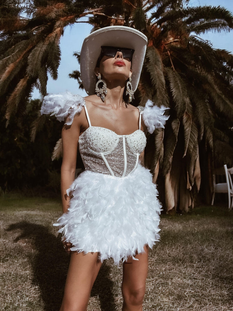 Boho Bridal Mini Wedding Party Gown With Faux Feather Bohemian Reception Dress Bachelorette Party Elopement Dress Fringe Dress Tulle