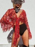 Red Gold Fringe Sequin Mini Kimono, Western Fringe Festival Kimono, Cowgirl Country Fringe Jacket, Country Festival Costume