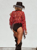 Red Gold Fringe Sequin Mini Kimono, Western Fringe Festival Kimono, Cowgirl Country Fringe Jacket, Country Festival Costume