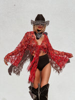 Red Gold Fringe Sequin Mini Kimono, Western Fringe Festival Kimono, Cowgirl Country Fringe Jacket, Country Festival Costume