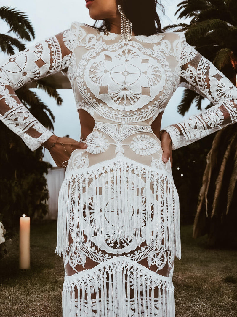 Boho Bridal Fringe Wedding Gown Bachelorette Party Dress Western Bride Gypsy Bohemian Festival Outfit