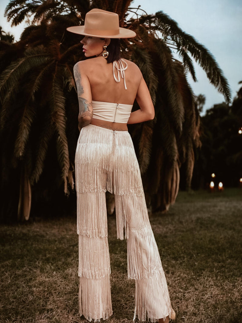 Nude Boho Bridal Cut Out Tassel Fringe Jumpsuit Bachelorette Party Outfit Wedding Reception Dress