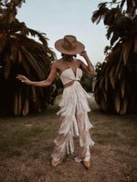 Nude Boho Bridal Cut Out Tassel Fringe Jumpsuit Bachelorette Party Outfit Wedding Reception Dress