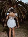 Boho Bridal Mini Wedding Party Gown With Faux Feather Bohemian Reception Dress Bachelorette Party Elopement Dress Fringe Dress Tulle