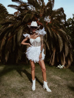 Boho Bridal Mini Wedding Party Gown With Faux Feather Bohemian Reception Dress Bachelorette Party Elopement Dress Fringe Dress Tulle