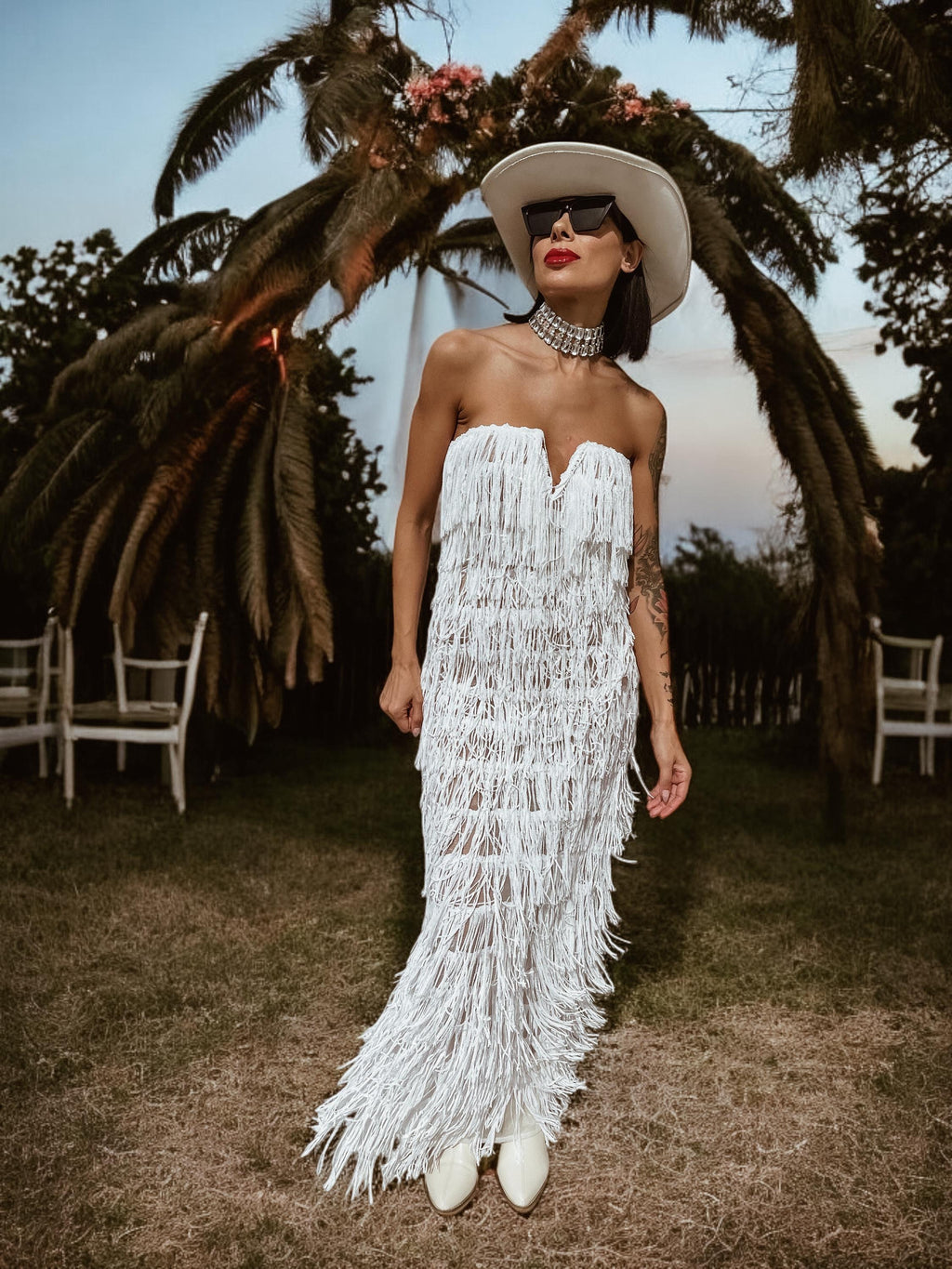 Boho Western Fringe Wedding Gown, Bachelorette Party Dress, Western Bride Gypsy Bohemian Festival Outfit, Sequin Fringe Maxi Dress