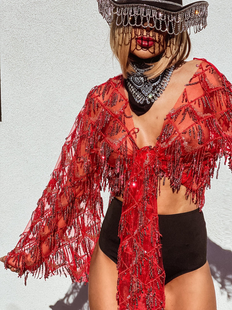 Red Gold Fringe Sequin Mini Kimono, Western Fringe Festival Kimono, Cowgirl Country Fringe Jacket, Country Festival Costume