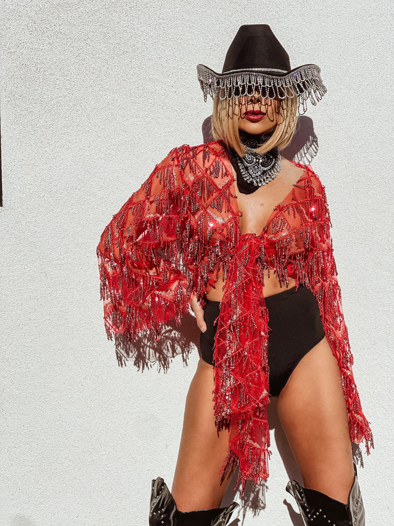 Red Gold Fringe Sequin Mini Kimono, Western Fringe Festival Kimono, Cowgirl Country Fringe Jacket, Country Festival Costume