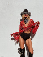 Red Gold Fringe Sequin Mini Kimono, Western Fringe Festival Kimono, Cowgirl Country Fringe Jacket, Country Festival Costume