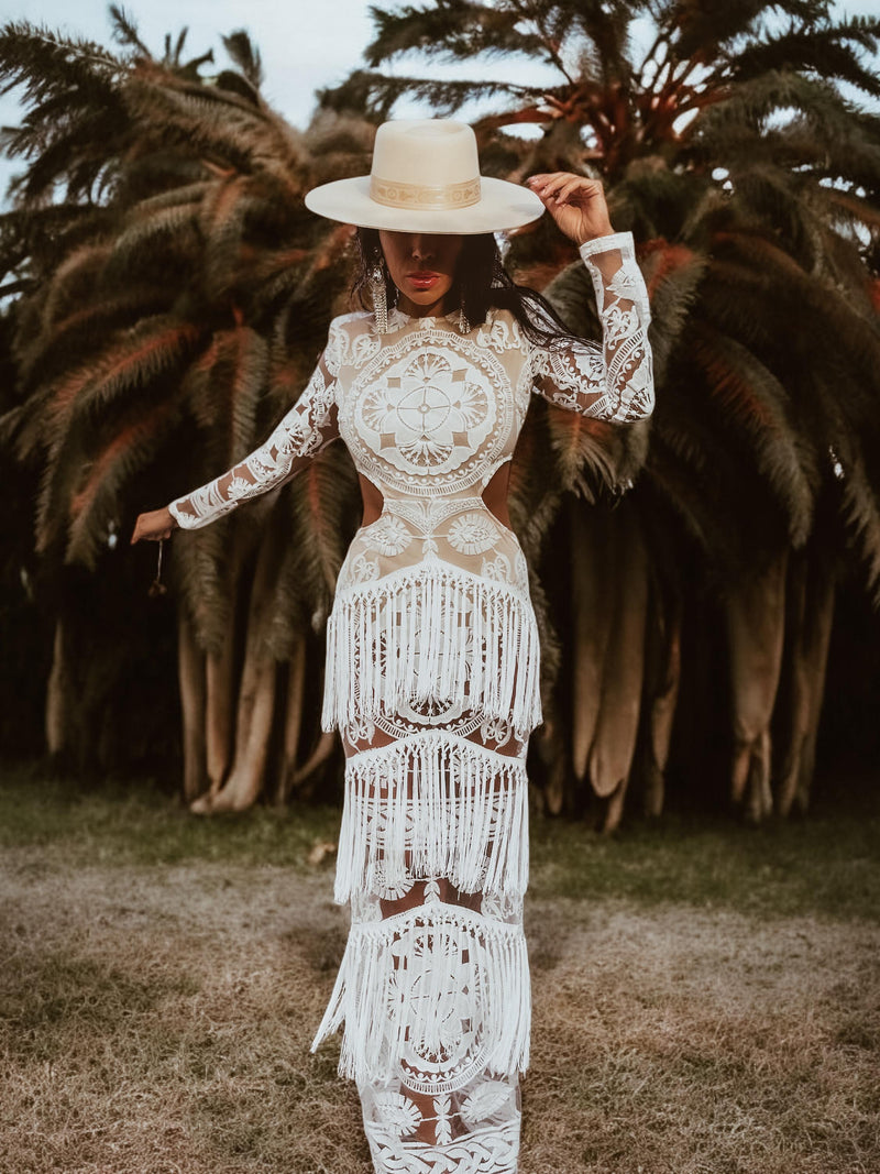 Boho Bridal Fringe Wedding Gown Bachelorette Party Dress Western Bride Gypsy Bohemian Festival Outfit