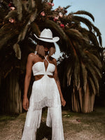 Boho Bridal Cut Out Tassel Fringe Jumpsuit Bachelorette Party Outfit Wedding Reception Dress