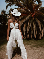 Boho Bridal Cut Out Tassel Fringe Jumpsuit Bachelorette Party Outfit Wedding Reception Dress