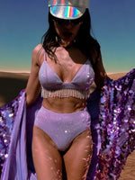 Diamond Beaded Fringe Purple Rave Set Festival Outfit Disco Clothing Hippie Costume Bridal Bikini Metallic Fringe Pants Stage Costume