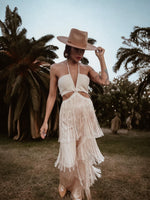 Nude Boho Bridal Cut Out Tassel Fringe Jumpsuit Bachelorette Party Outfit Wedding Reception Dress