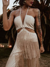 Nude Boho Bridal Cut Out Tassel Fringe Jumpsuit Bachelorette Party Outfit Wedding Reception Dress