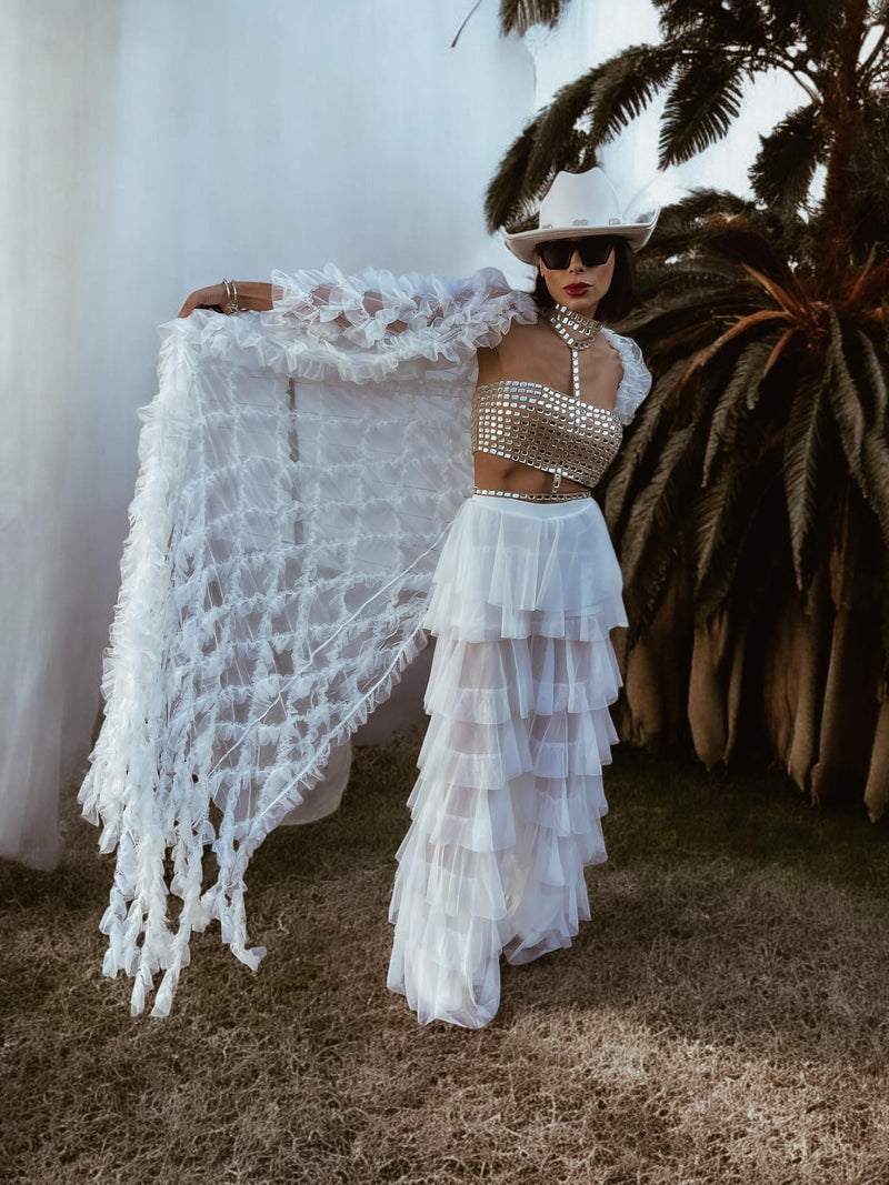 Boho Bridal Tulle Fringe Train Kimono Bohemian Romantic Rave Kimono White Disco Outfit Festival Clothing Country Western Desert Costume