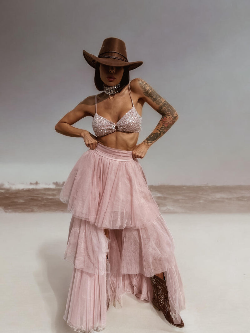 Pink Tutu Tulle Skirt Women Baby Doll Tutu Western Cowgirl Costume Maxi Skirt Bachelorette Party Outfit