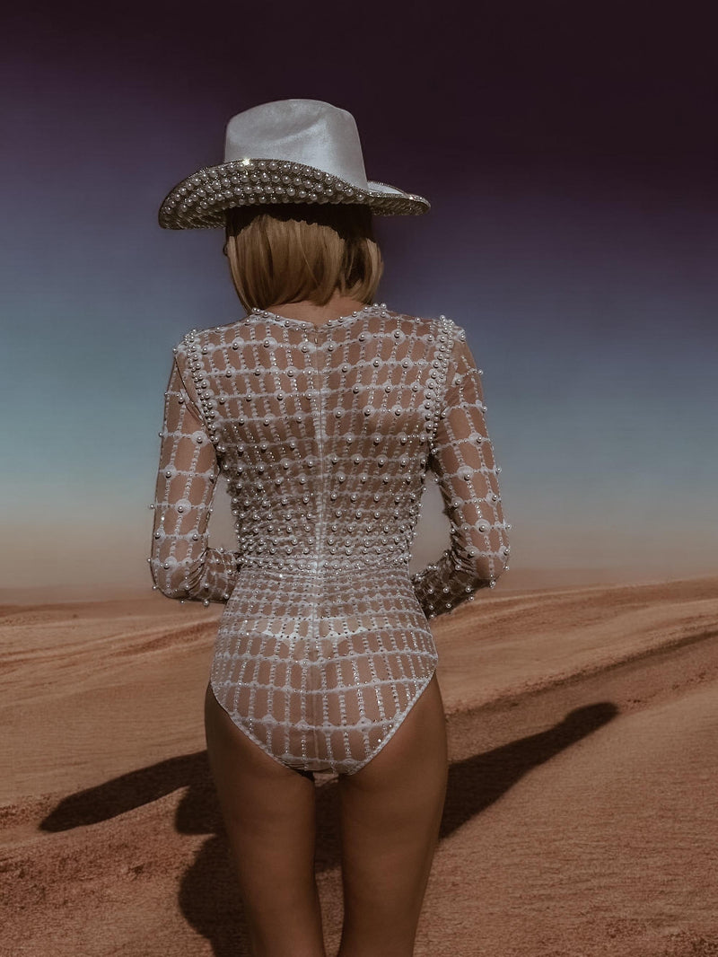 Nude Pearl Bodysuit Diva Costume Cowboy Bodysuit Diamond Playsuit Futuristic Space Cowboy Costume Western Bachelorette Outfit