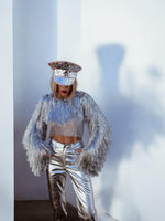 Silver Fringe Festival Jacket, Tinsel Festival Jacket, Cowgirl Outfit, Disco Gold Jacket, Fringe Country Top, Popstar Inspired Jacket