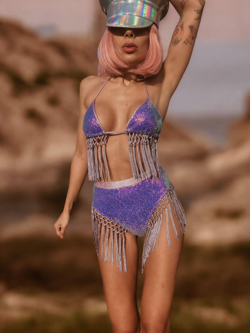 Purple Sequin Fringe Festival Outfit, Sequined Cosmic Rave Set, EDM Festival Metallic Mermaid Bikini, Doll Costume, Cowgirl Festival Outfit