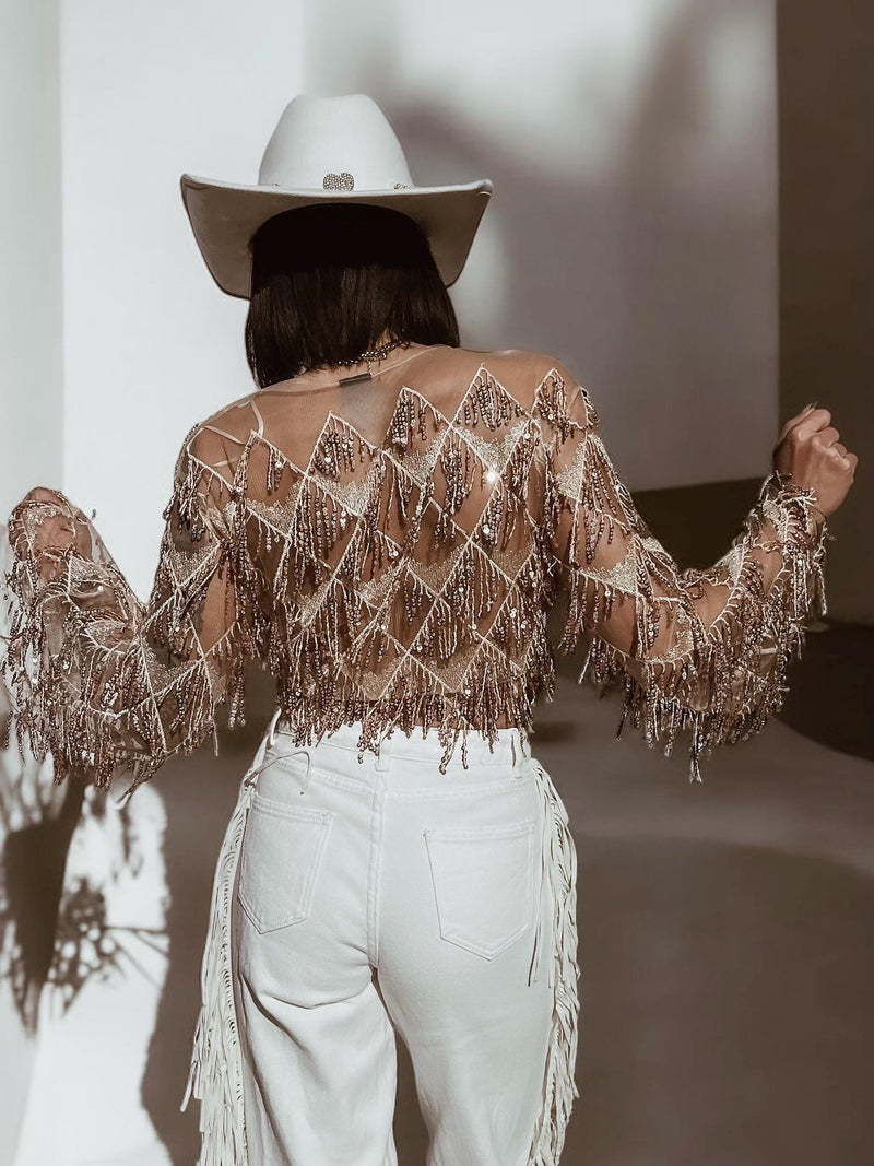 Rose Gold Fringe Sequin Mini Kimono, Western Fringe Festival Kimono, Cowgirl Country Fringe Jacket, Country Festival Costume