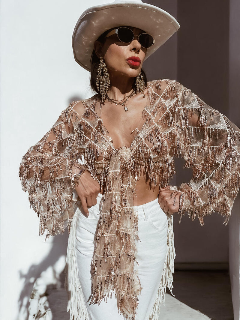 Rose Gold Fringe Sequin Mini Kimono, Western Fringe Festival Kimono, Cowgirl Country Fringe Jacket, Country Festival Costume