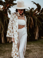 Matte Gold Fringe Sequin Maxi Kimono Festival Rave Gold Jacket Boho Kimono Goddess Gold Metallic Maxi Coat Duster Gold Costume Bridal Jacket