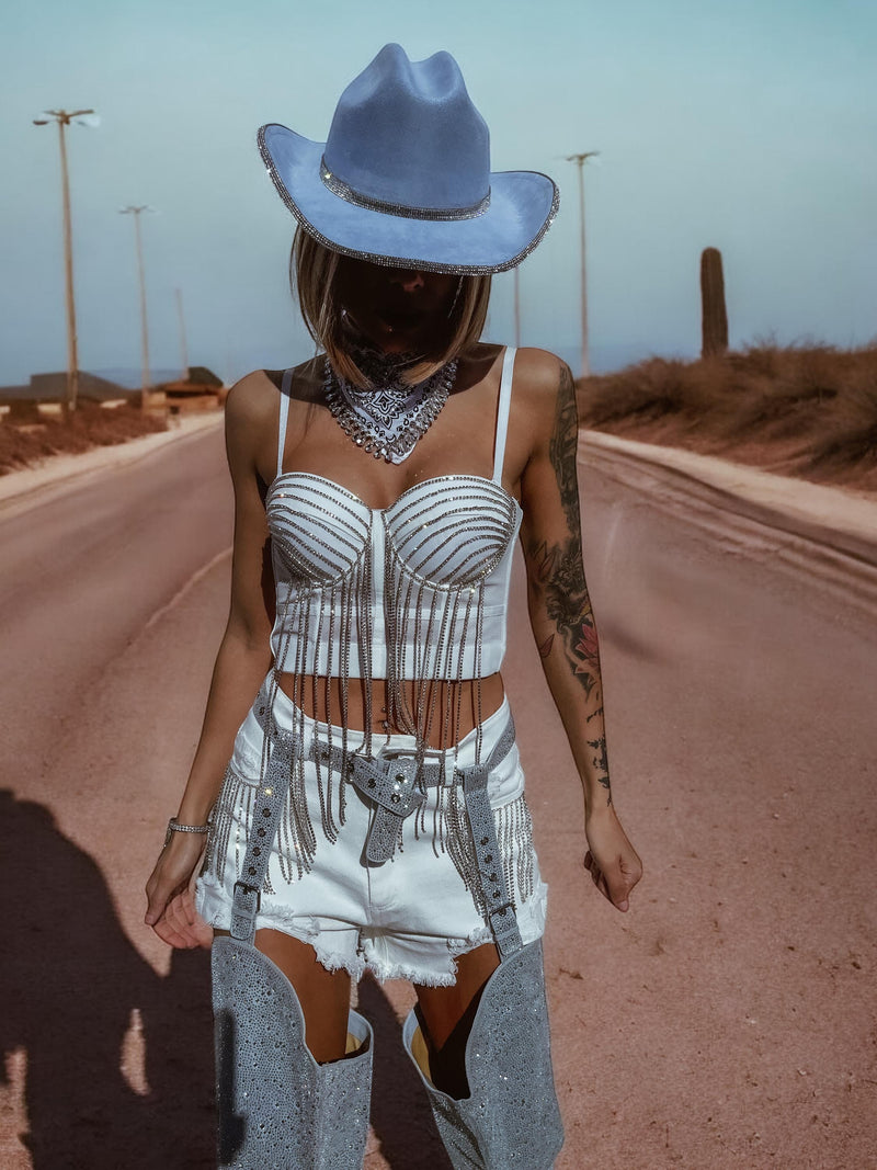 Rhinestone Western Fringe Bustier Cowgirl Outfit Western Festival Top Bachelorette Party Outfit Space Cowboy Costume Country Bride