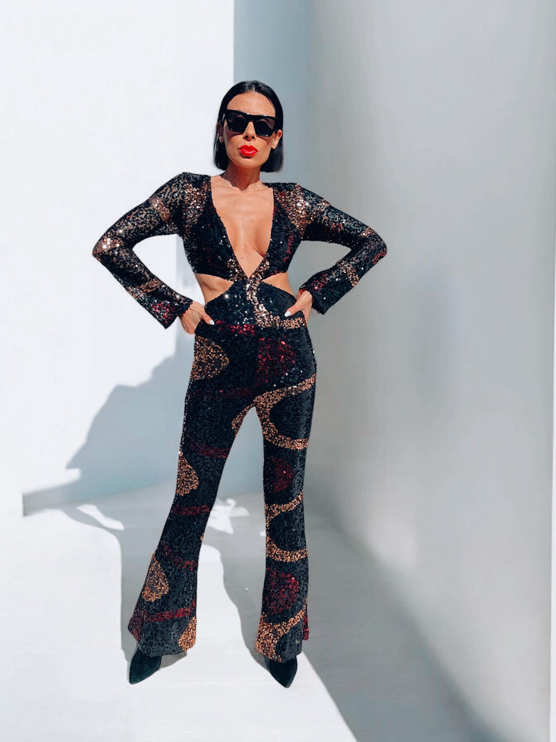 Studio 54 Disco Sequin Groovy Jumpsuit Festival Cut Out Jumpsuit  70s Inspired Retro Jumpsuit Festival Rave Party Sequin Cowgirl Costume