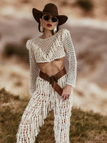 Western Crochet Cowboy Knit Set, Cropped Fringe Pants and Top Set, Bachelorette Outfit, Fringe Festival Cowgirl Costume, Goddess Costume