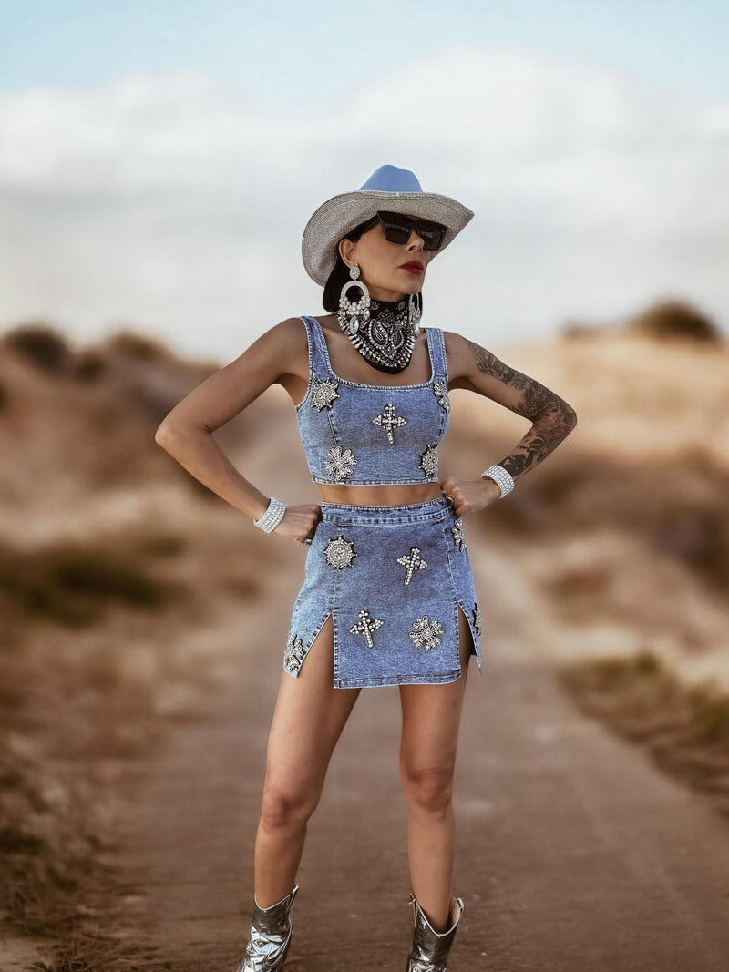 Western Glam Denim Rhinestone Cowgirl Festival Skirt and Bustier Set, Diamond Top and Skirt Set, Bachelorette Outfit, Space Cowboy Costume