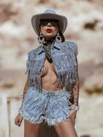 Rhinestone Fringe Feather Western Festival Shorts, Fringe Cowgirl Denim Shorts, Feather Fur Tassel Shorts, Denim Cowboy Costume