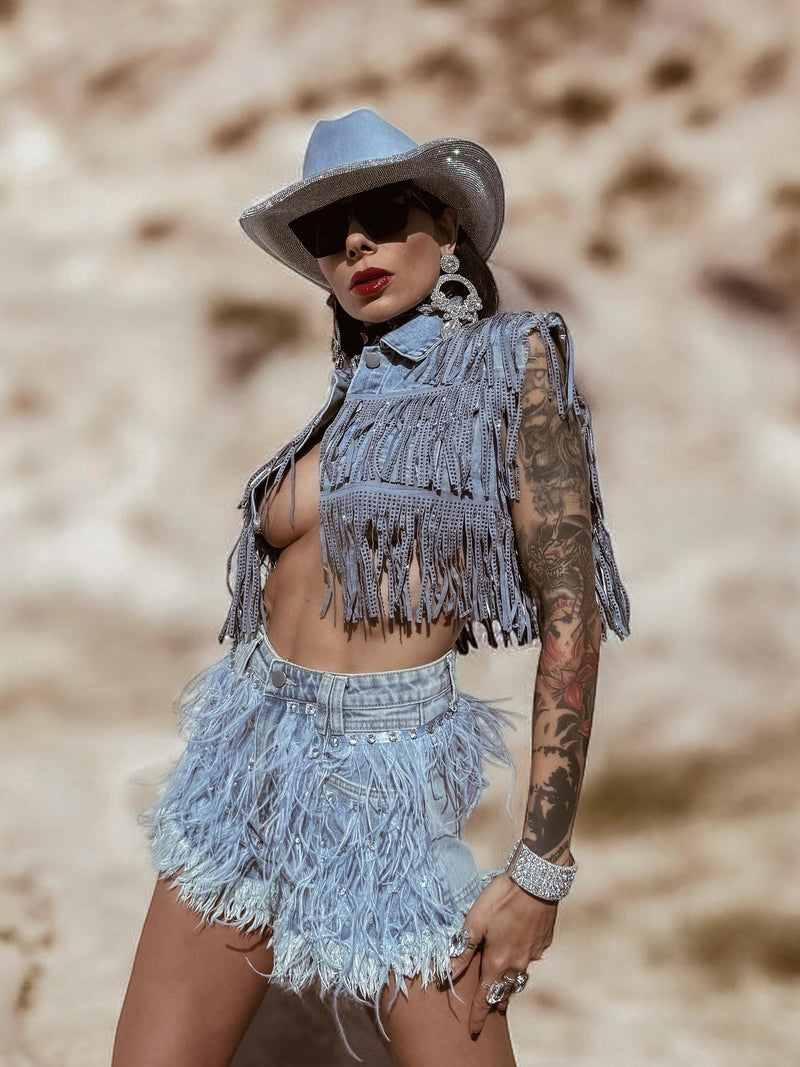 Rhinestone Fringe Feather Western Festival Shorts, Fringe Cowgirl Denim Shorts, Feather Fur Tassel Shorts, Denim Cowboy Costume