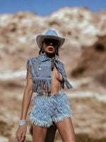 Rhinestone Fringe Feather Western Festival Shorts, Fringe Cowgirl Denim Shorts, Feather Fur Tassel Shorts, Denim Cowboy Costume