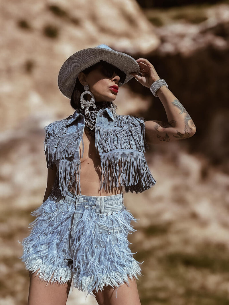 Rhinestone Fringe Feather Western Festival Shorts, Fringe Cowgirl Denim Shorts, Feather Fur Tassel Shorts, Denim Cowboy Costume