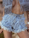 Rhinestone Fringe Feather Western Festival Shorts, Fringe Cowgirl Denim Shorts, Feather Fur Tassel Shorts, Denim Cowboy Costume