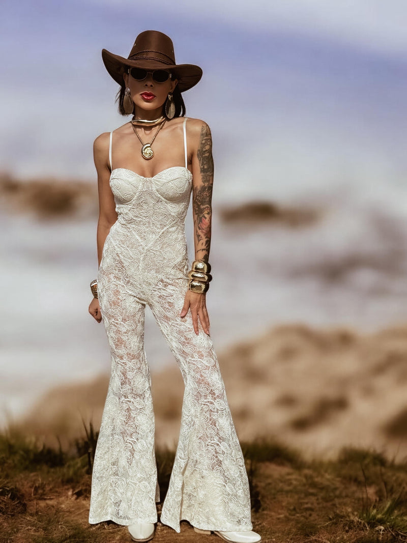 Lace Crochet Bell Bottom Jumpsuit, Western Bridal Flare Jumpsuit, Country Girl Cowgirl Outfit, Barn Wedding Party, Bridal Festival Pants