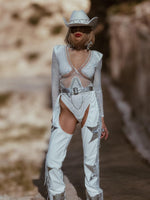 Crystal Mirror Rave Bodysuit, Festival Diamond Playsuit, White Bridal Bodysuit, Futuristic Space Cowboy Cowgirl Costume, Burner Girl Outfit