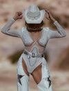 Crystal Mirror Rave Bodysuit, Festival Diamond Playsuit, White Bridal Bodysuit, Futuristic Space Cowboy Cowgirl Costume, Burner Girl Outfit