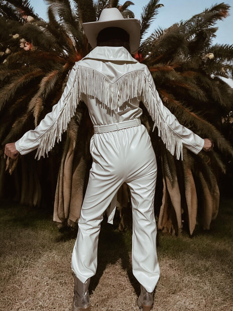 Rhinestone Fringe Jumpsuit, Western Diamond Fringe Faux Leather Jumpsuit, Country Girl Cowgirl Outfit, Barn Wedding Bridal Festival Outfit